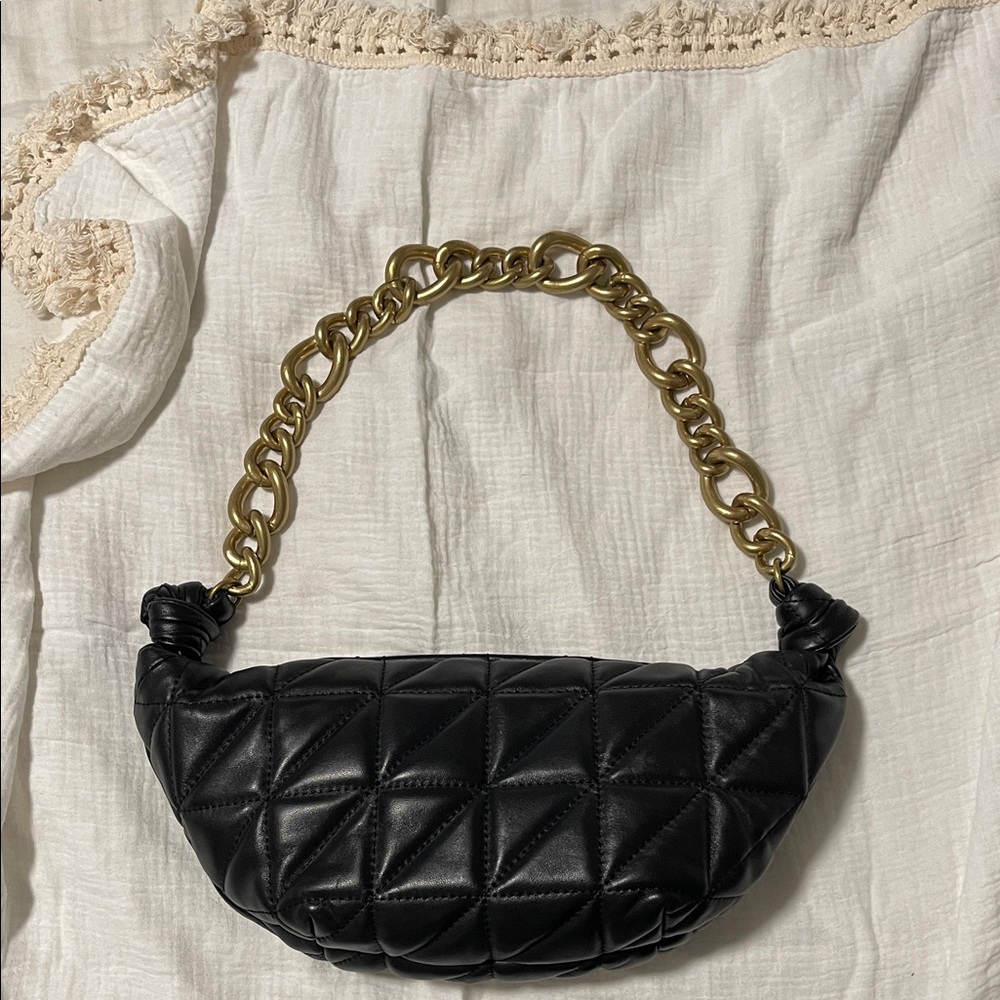 Black Quilted GENUINE Leather shoulder/ clutch Bag with Gold Chain